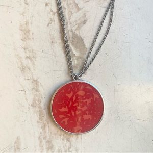 Red Floral Round Pendant Necklace with Silver Chain